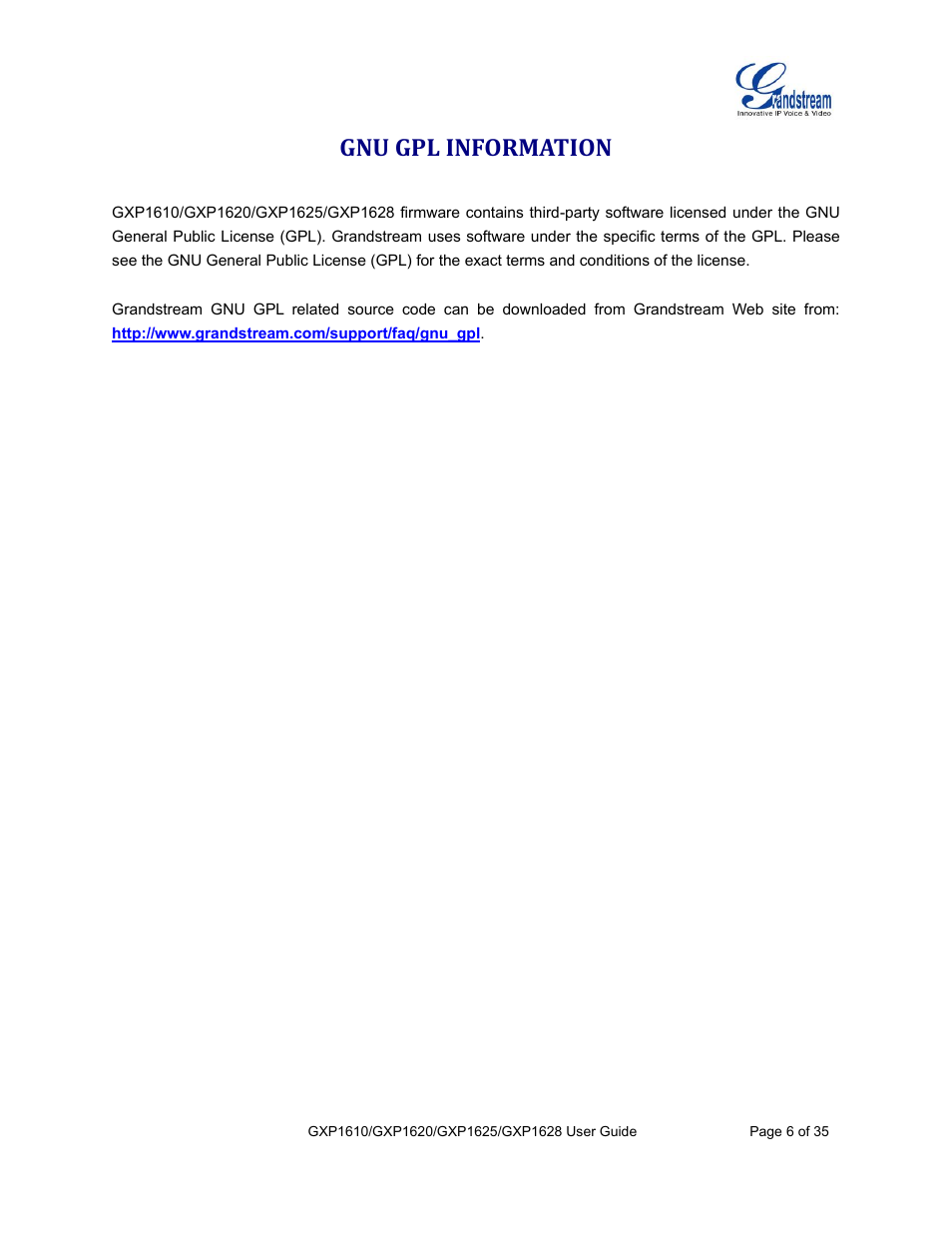 Gnu gpl information | Grandstream GXP1610 User Guide User Manual | Page 7 / 38