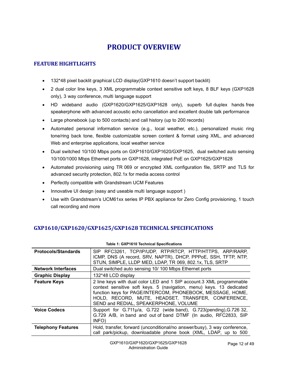 Product overview, Feature hightlights, Table 1: gxp1610 technical specifications | Grandstream GXP1610 Administration Guide User Manual | Page 13 / 50