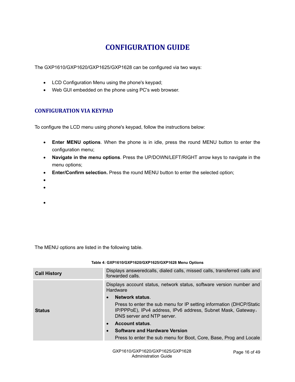 Configuration guide, Configuration via keypad | Grandstream GXP1610 Administration Guide User Manual | Page 17 / 50