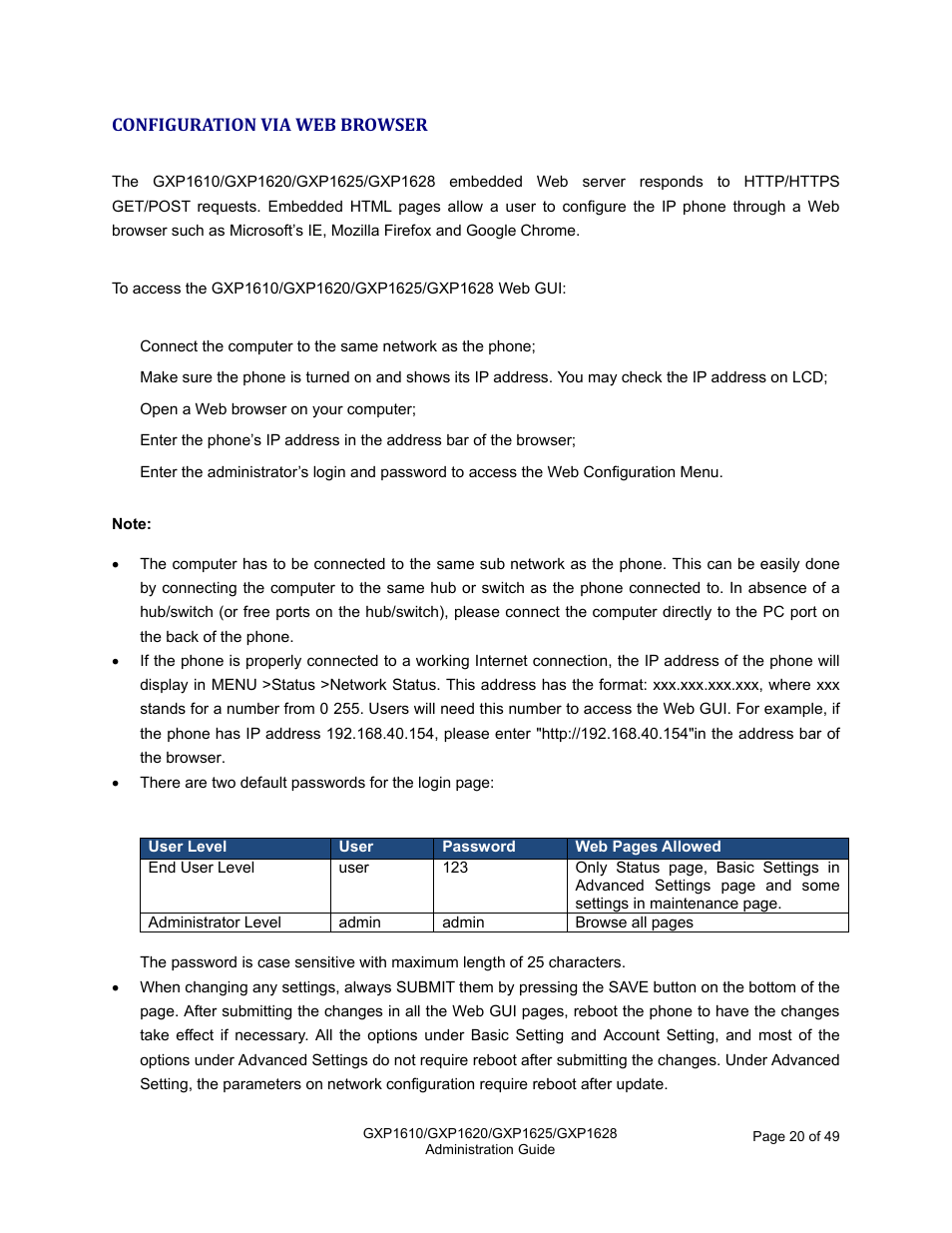 Configuration via web browser | Grandstream GXP1610 Administration Guide User Manual | Page 21 / 50