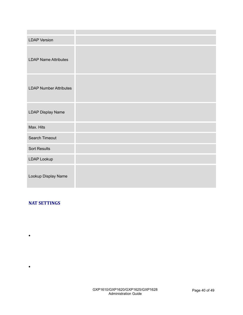 Nat settings | Grandstream GXP1610 Administration Guide User Manual | Page 41 / 50