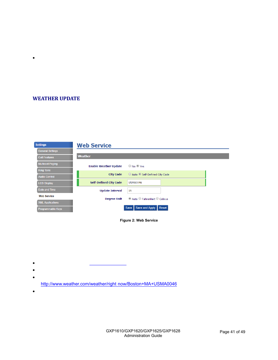 Weather update, Figure 2: web service, Section f | Grandstream GXP1610 Administration Guide User Manual | Page 42 / 50