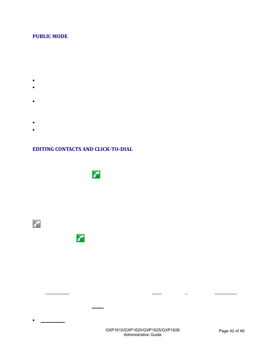 Public mode, Editing contacts and click-to-dial | Grandstream GXP1610 Administration Guide User Manual | Page 43 / 50