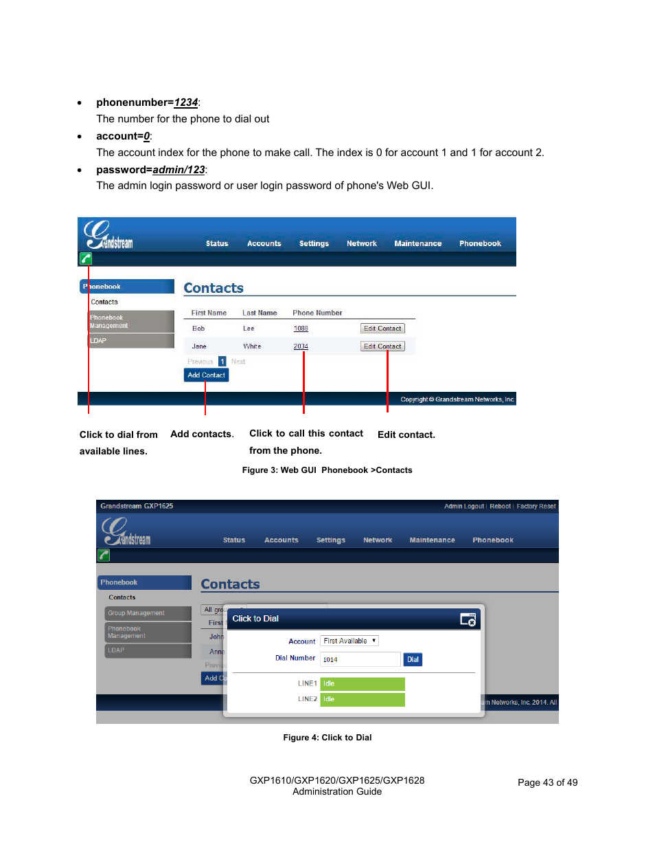 Figure 3: web gui- phonebook->contacts, Figure 4: click-to-dial | Grandstream GXP1610 Administration Guide User Manual | Page 44 / 50