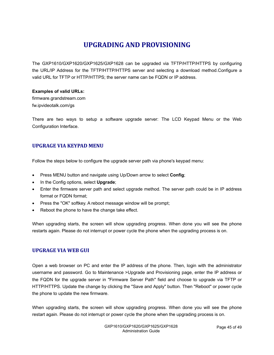 Upgrading and provisioning, Upgrage via keypad menu, Upgrage via web gui | Grandstream GXP1610 Administration Guide User Manual | Page 46 / 50