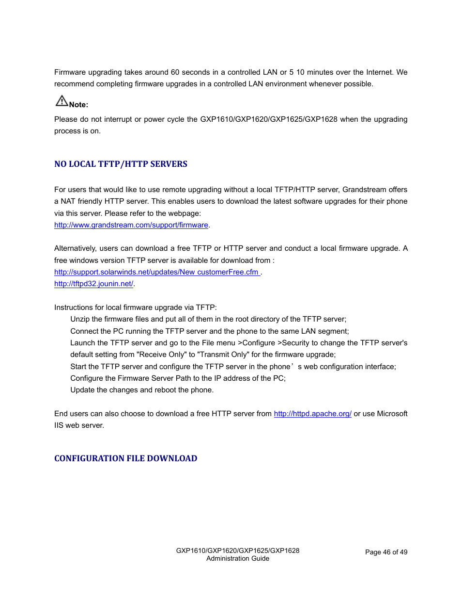 No local tftp/http servers, Configuration file download | Grandstream GXP1610 Administration Guide User Manual | Page 47 / 50