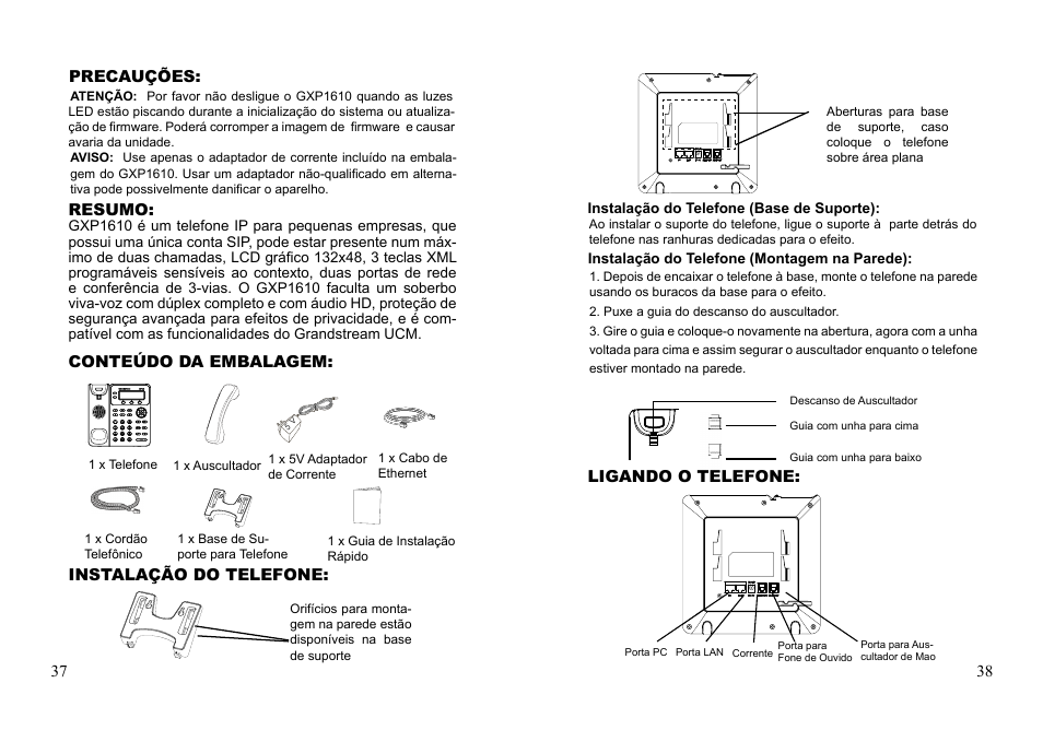 Conteúdo da embalagem: resumo, Precauções, Instalação do telefone | Ligando o telefone | Grandstream GXP1610 Quick Installation Guides User Manual | Page 21 / 25