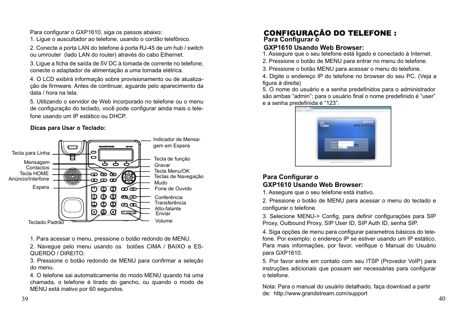 Configuração do telefone | Grandstream GXP1610 Quick Installation Guides User Manual | Page 22 / 25