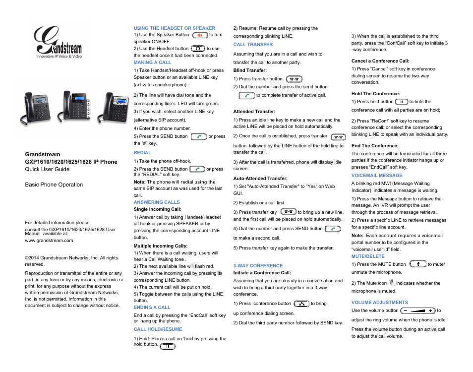 Grandstream GXP1610 Quick User Guides User Manual | 1 page