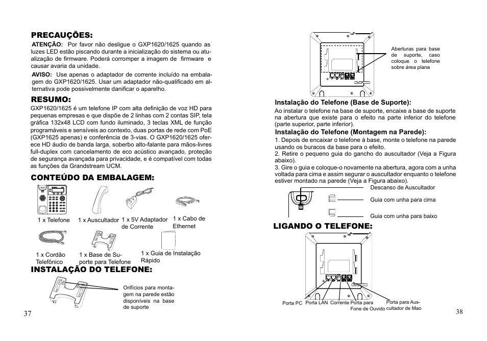 Conteúdo da embalagem: resumo, Precauções, Instalação do telefone | Ligando o telefone | Grandstream GXP1620 Quick Installation Guides User Manual | Page 21 / 25