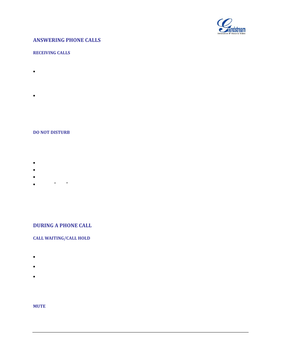 Answering phone calls, Receiving calls, Do not disturb | During a phone call, Call waiting/call hold, Mute | Grandstream GXP2130 User Guide User Manual | Page 37 / 51