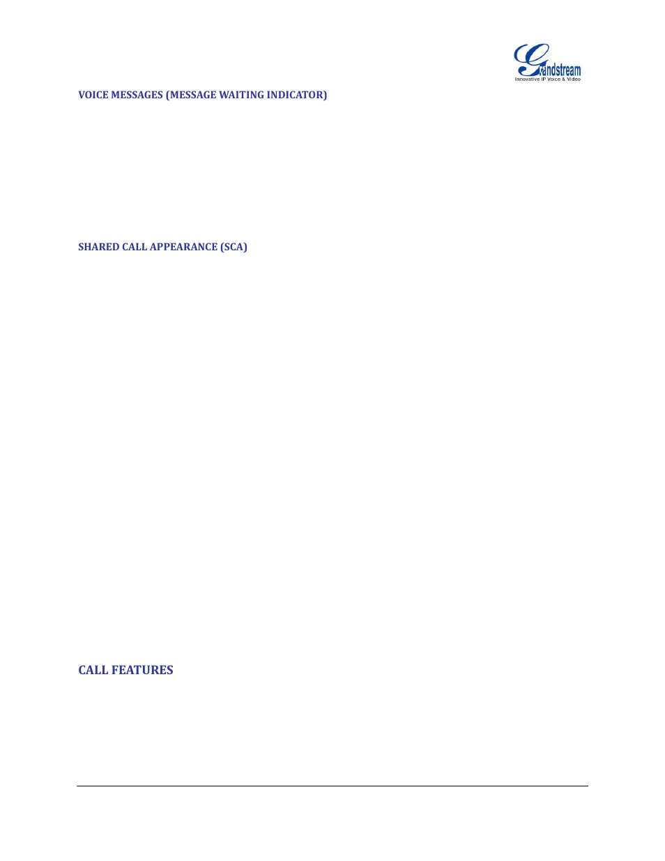Voice messages (message waiting indicator), Shared call appearance (sca), Call features | Table 12: call features | Grandstream GXP2130 User Guide User Manual | Page 43 / 51