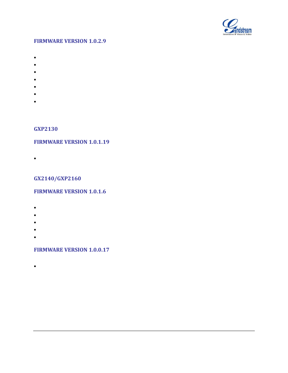 Firmware version 1.0.2.9, Gxp2130, Firmware version 1.0.1.19 | Gx2140/gxp2160, Firmware version 1.0.1.6, Firmware version 1.0.0.17 | Grandstream GXP2130 Administration Guide User Manual | Page 11 / 85