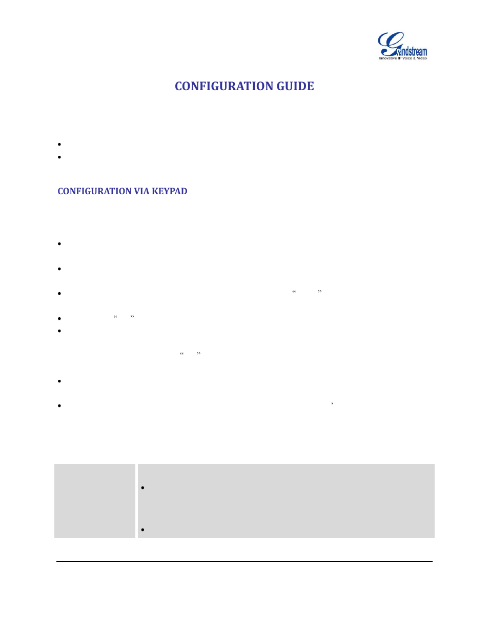 Configuration guide, Configuration via keypad, Table 6: configuration menu | Configuration via, Keypad | Grandstream GXP2130 Administration Guide User Manual | Page 21 / 85