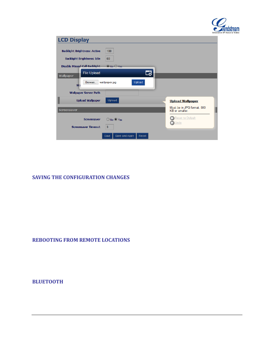 Saving the configuration changes, Rebooting from remote locations, Bluetooth | Figure 6 upload selected wallpaper to phone | Grandstream GXP2130 Administration Guide User Manual | Page 71 / 85