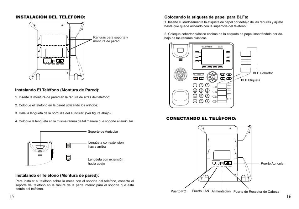 Instalando el teléfono (montura de pared), Conectando el teléfono, Instalación del teléfono | Colocando la etiqueta de papel para blfs | Grandstream GXP2130 Quick Installation Guides User Manual | Page 10 / 23