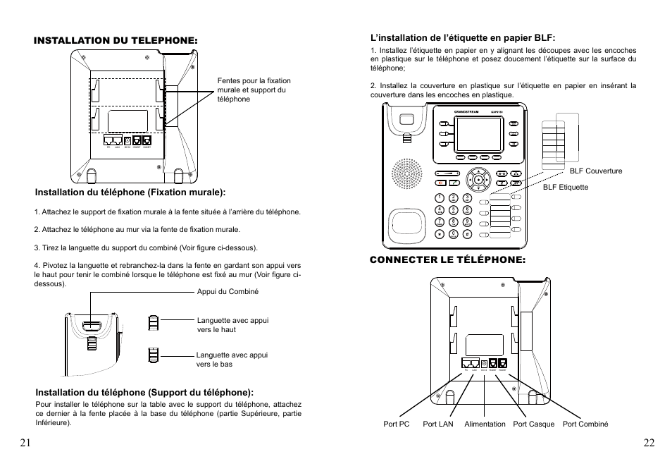 Installation du telephone, Installation du téléphone (fixation murale), L’installation de l’étiquette en papier blf | Connecter le téléphone, Installation du téléphone (support du téléphone) | Grandstream GXP2130 Quick Installation Guides User Manual | Page 13 / 23
