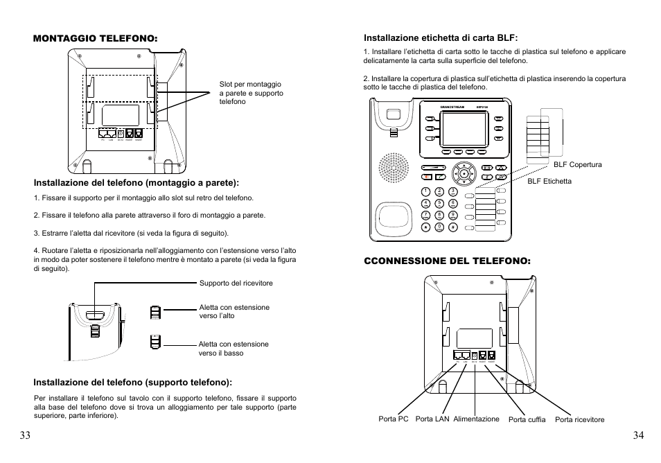 Installazione del telefono (montaggio a parete), Installazione del telefono (supporto telefono), Cconnessione del telefono: montaggio telefono | Installazione etichetta di carta blf | Grandstream GXP2130 Quick Installation Guides User Manual | Page 19 / 23