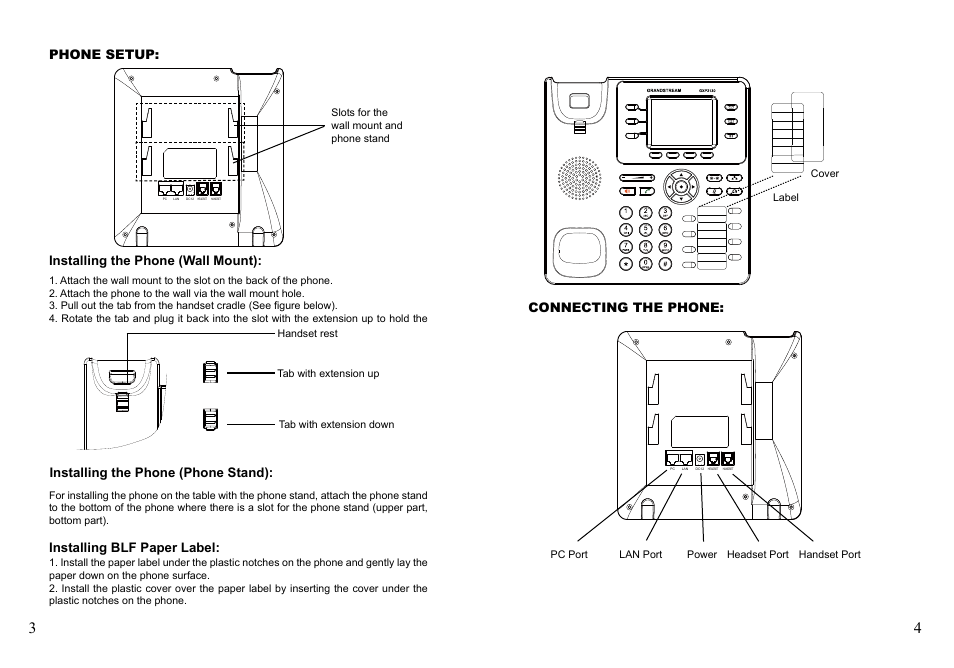 Connecting the phone: phone setup, Installing the phone (phone stand), Installing the phone (wall mount) | Installing blf paper label | Grandstream GXP2130 Quick Installation Guides User Manual | Page 4 / 23
