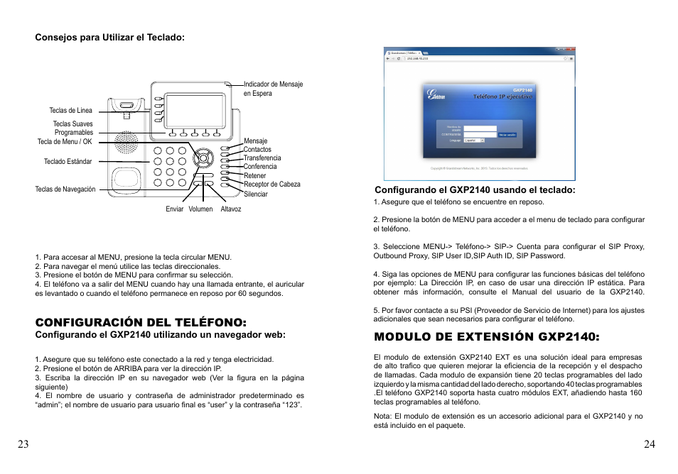 Modulo de extensión gxp2140, Configuración del teléfono | Grandstream GXP2140 Quick Installation Guides User Manual | Page 14 / 31