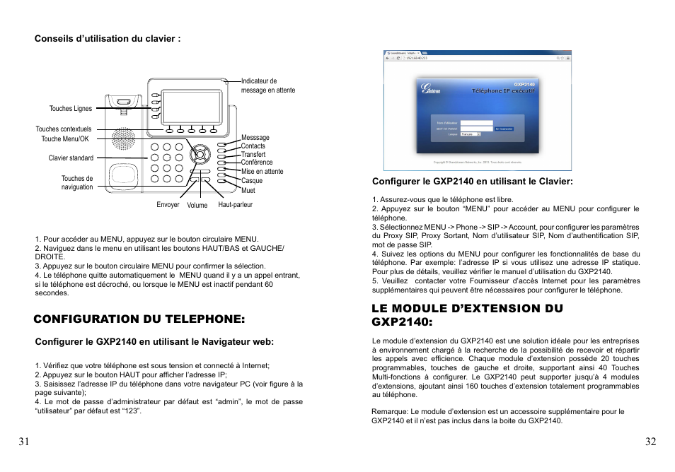 Configuration du telephone, Le module d’extension du gxp2140 | Grandstream GXP2140 Quick Installation Guides User Manual | Page 18 / 31