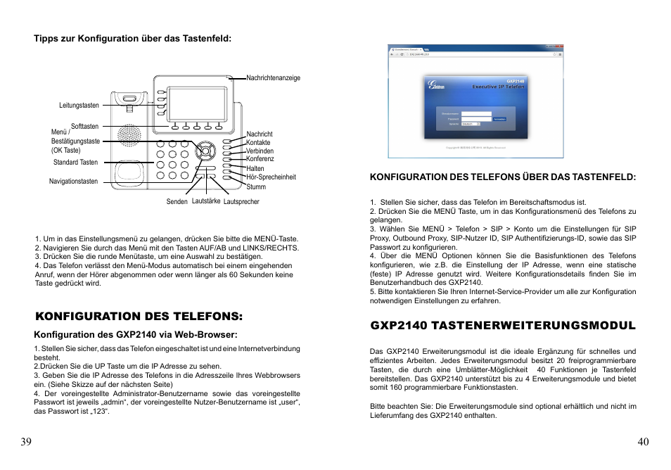 Gxp2140 tastenerweiterungsmodul, Konfiguration des telefons | Grandstream GXP2140 Quick Installation Guides User Manual | Page 22 / 31