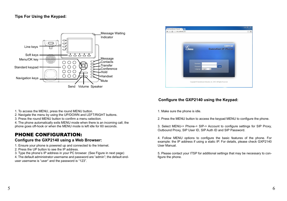 Phone configuration | Grandstream GXP2140 Quick Installation Guides User Manual | Page 5 / 31