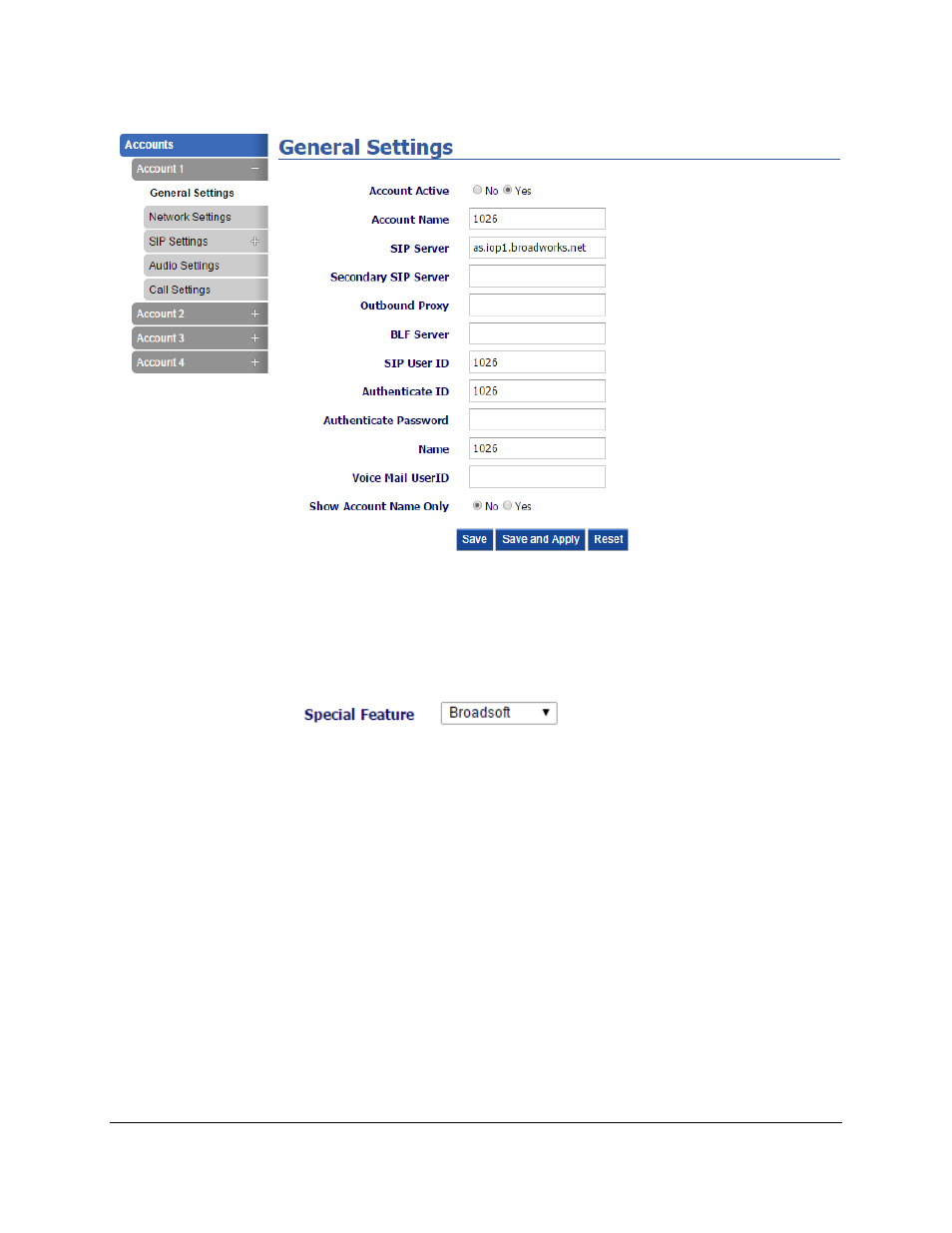 Figure 1: configure the sip account settings, Figure 2: configure special feature | Grandstream GXP BroadWorks SCA User Manual | Page 7 / 13