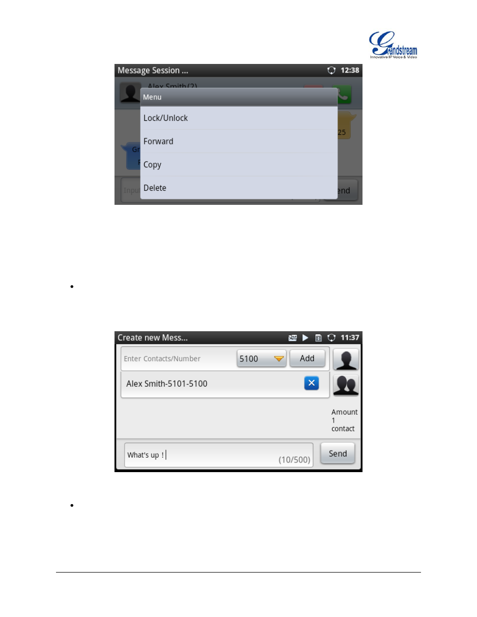 Figure 115 : message options, Figure 116 : gxp2200 message - send sms | Grandstream GXP2200 User Manual User Manual | Page 100 / 162