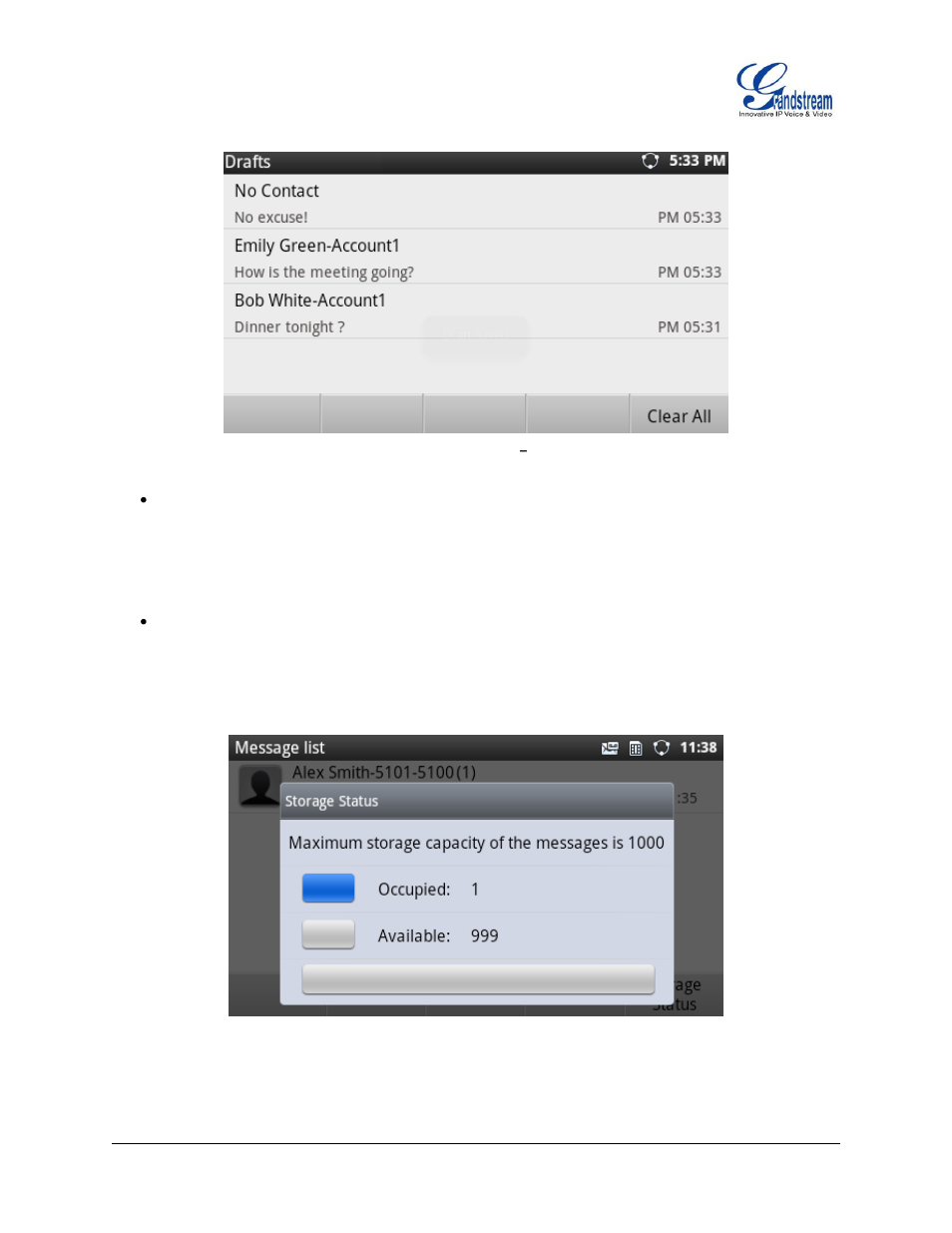 Figure 117 : gxp2200 message, Sms draft list, Figure 118 : gxp2200 message - storage status | Grandstream GXP2200 User Manual User Manual | Page 101 / 162