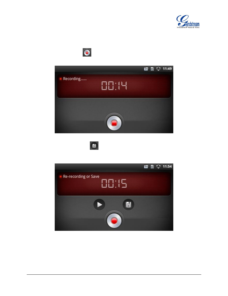Figure 133 : gxp2200 voice recorder, Figure 134 : gxp2200 voice recorder - save file | Grandstream GXP2200 User Manual User Manual | Page 110 / 162