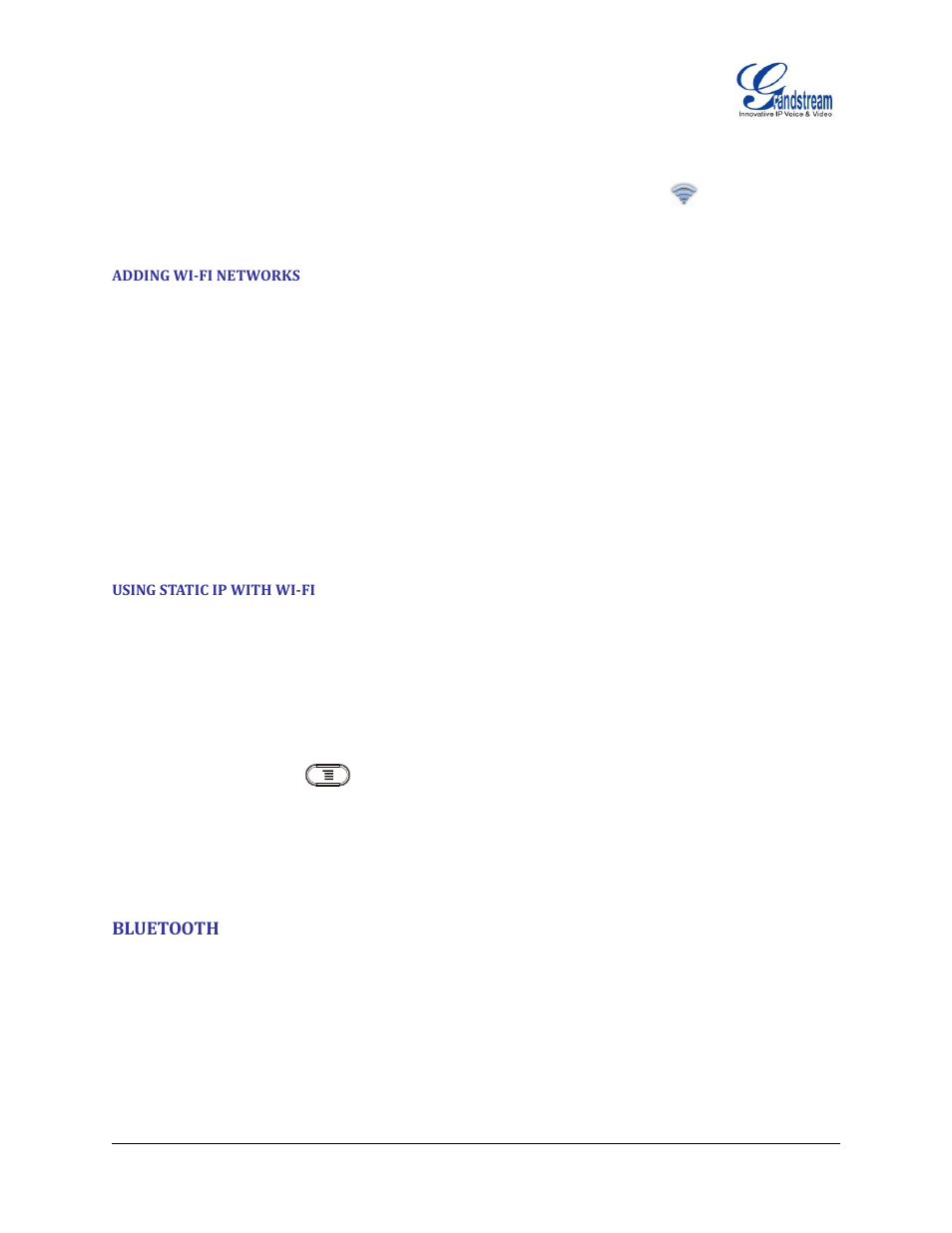 Adding wi-fi networks, Using static ip with wi-fi, Bluetooth | Grandstream GXP2200 User Manual User Manual | Page 112 / 162