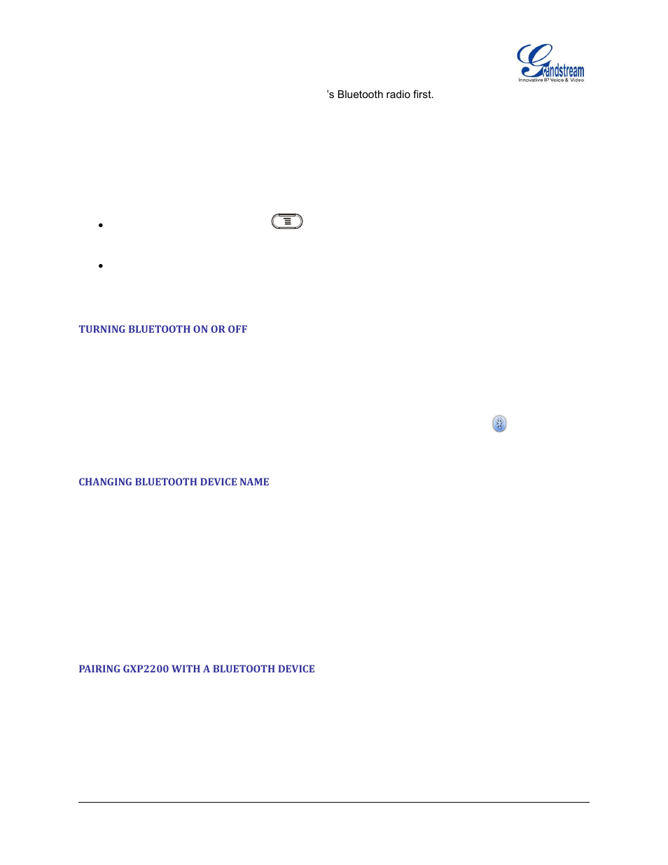 Turning bluetooth on or off, Changing bluetooth device name, Pairing gxp2200 with a bluetooth device | Grandstream GXP2200 User Manual User Manual | Page 113 / 162