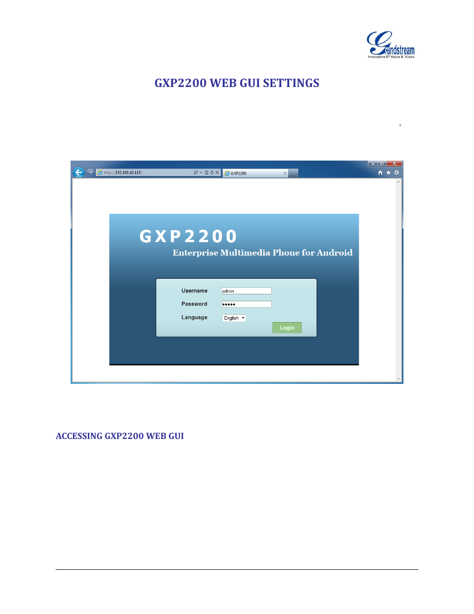 Gxp2200 web gui settings, Accessing gxp2200 web gui, Figure 135 : gxp2200 web gui - login | Grandstream GXP2200 User Manual User Manual | Page 117 / 162