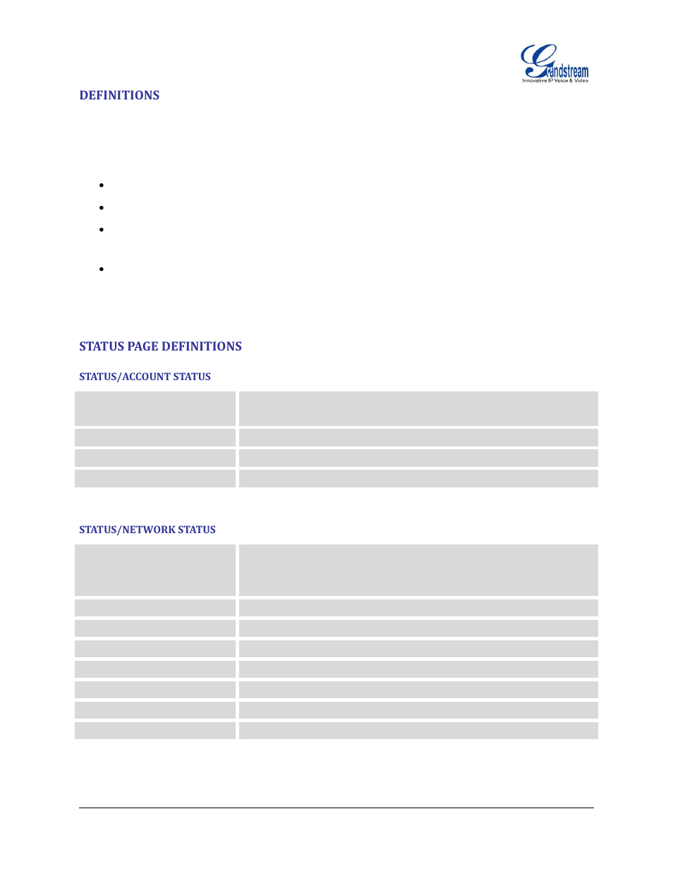 Definitions, Status/account status, Status/network status | Grandstream GXP2200 User Manual User Manual | Page 119 / 162