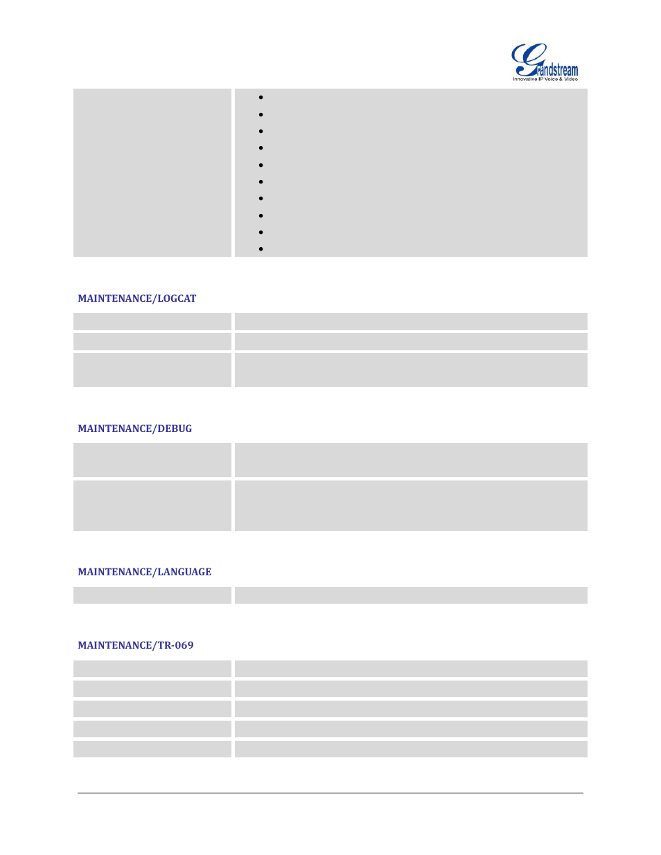 Maintenance/logcat, Maintenance/debug, Maintenance/language | Maintenance/tr-069 | Grandstream GXP2200 User Manual User Manual | Page 138 / 162