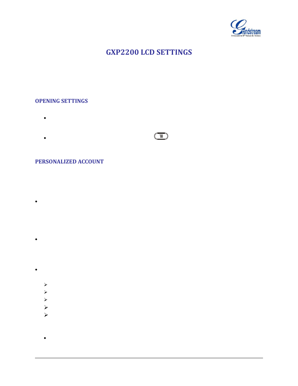 Gxp2200 lcd settings, Opening settings, Personalized account | Grandstream GXP2200 User Manual User Manual | Page 144 / 162
