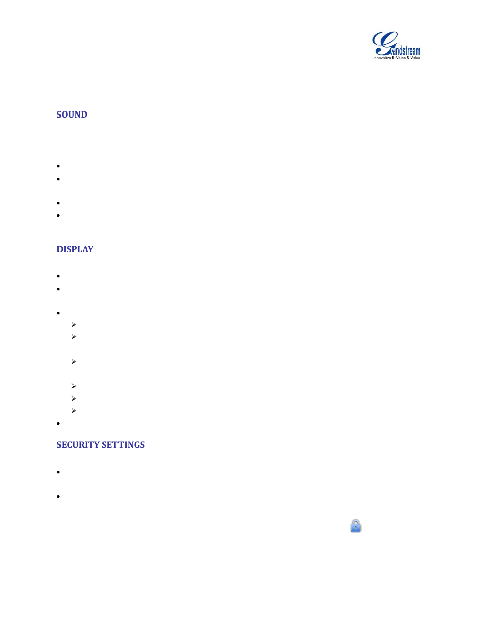 Sound, Display, Security settings | Grandstream GXP2200 User Manual User Manual | Page 146 / 162