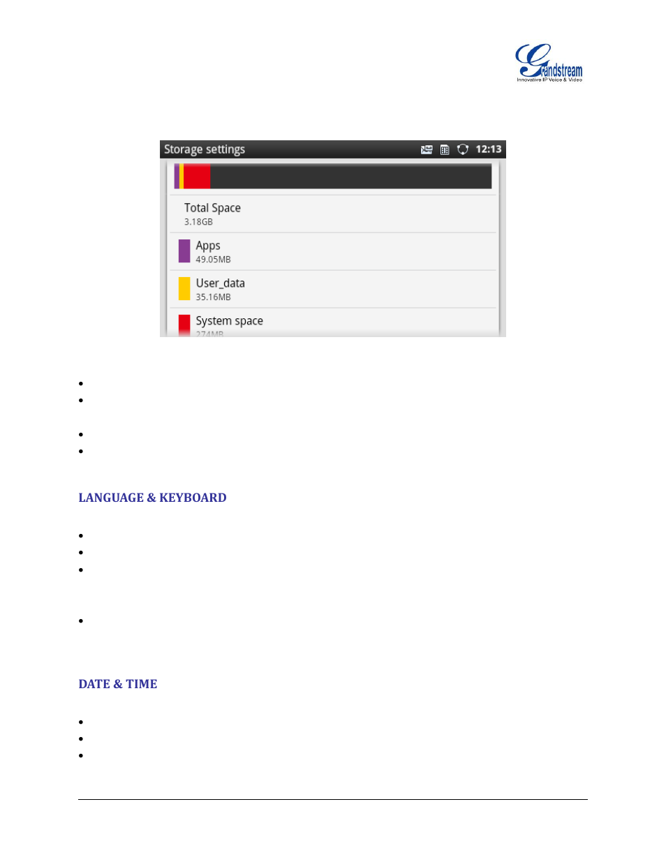 Language & keyboard, Date & time, Figure 143 : gxp2200 storage | Grandstream GXP2200 User Manual User Manual | Page 151 / 162