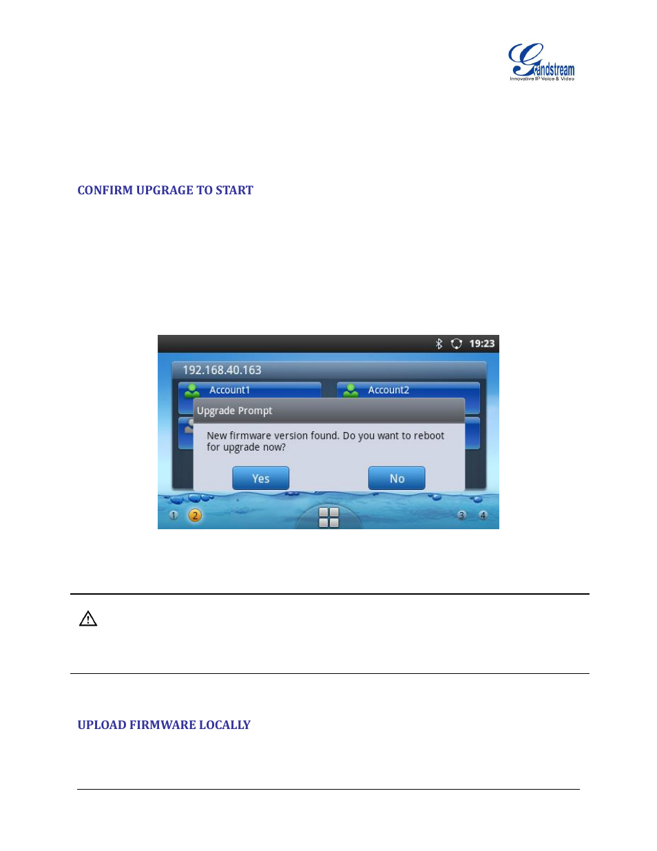 Confirm upgrage to start, Upload firmware locally, Figure 145 : start gxp2200 upgrade | Grandstream GXP2200 User Manual User Manual | Page 155 / 162