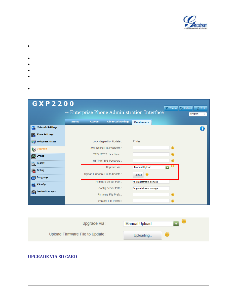 Upgrade via sd card, Figure 146 : upload gxp2200 firmware via web gui, Figure 147 : gxp2200 firmware uploading | Grandstream GXP2200 User Manual User Manual | Page 156 / 162