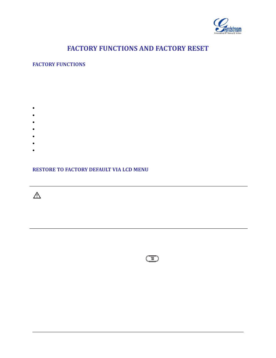 Factory functions and factory reset, Factory functions, Restore to factory default via lcd menu | Grandstream GXP2200 User Manual User Manual | Page 159 / 162