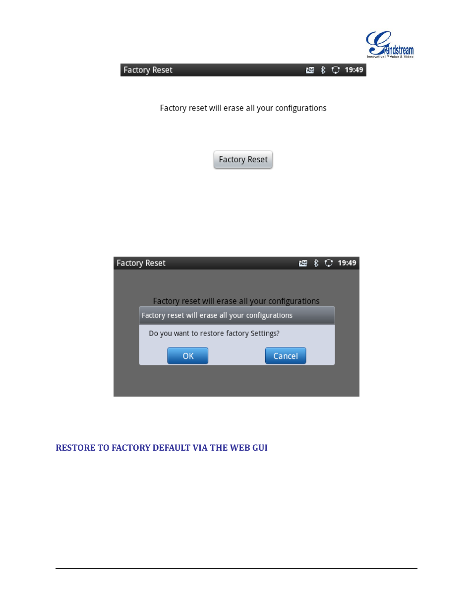 Restore to factory default via the web gui, Figure 148 : gxp2200 lcd - factory reset, Figure 149 : gxp2200 lcd - confirm factory reset | Grandstream GXP2200 User Manual User Manual | Page 160 / 162