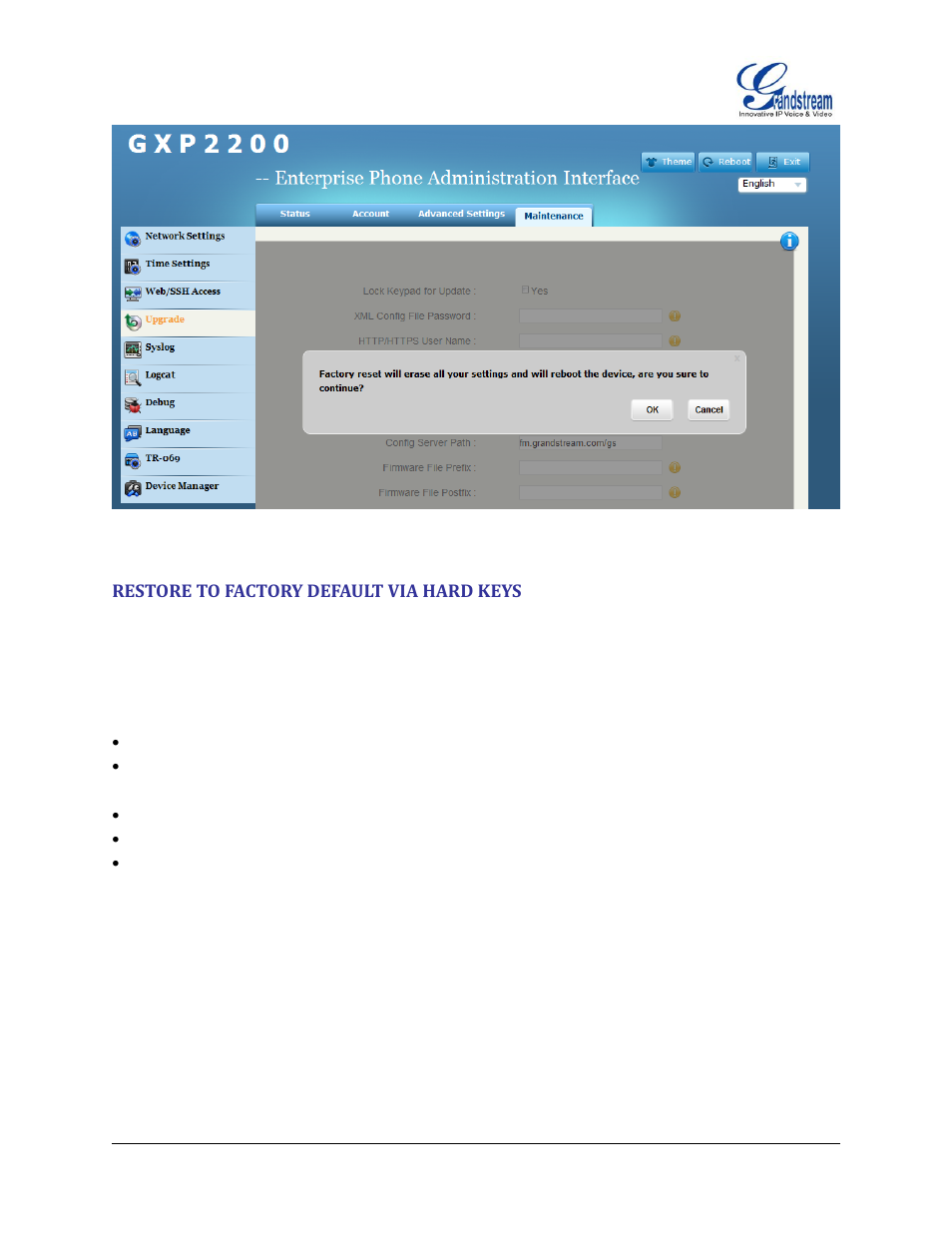 Restore to factory default via hard keys | Grandstream GXP2200 User Manual User Manual | Page 161 / 162
