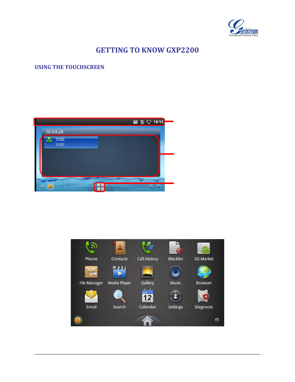 Getting to know gxp2200, Using the touchscreen, Figure 4 : gxp2200 default main screen | Figure 5 : gxp2200 onscreen menu | Grandstream GXP2200 User Manual User Manual | Page 23 / 162