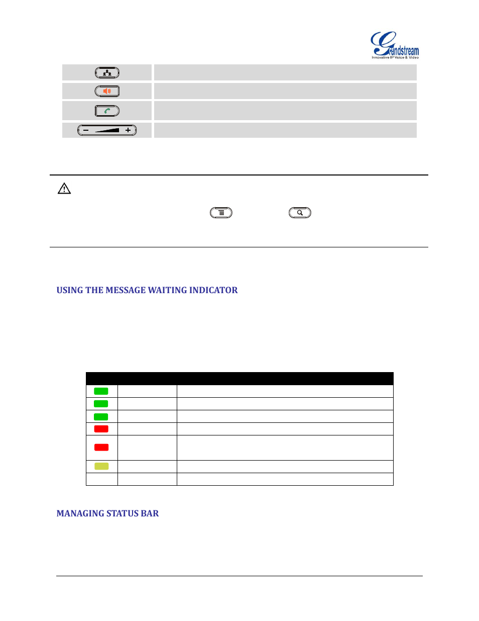 Using the message waiting indicator, Managing status bar, Table 7 : gxp2200 mwi led status | Grandstream GXP2200 User Manual User Manual | Page 33 / 162