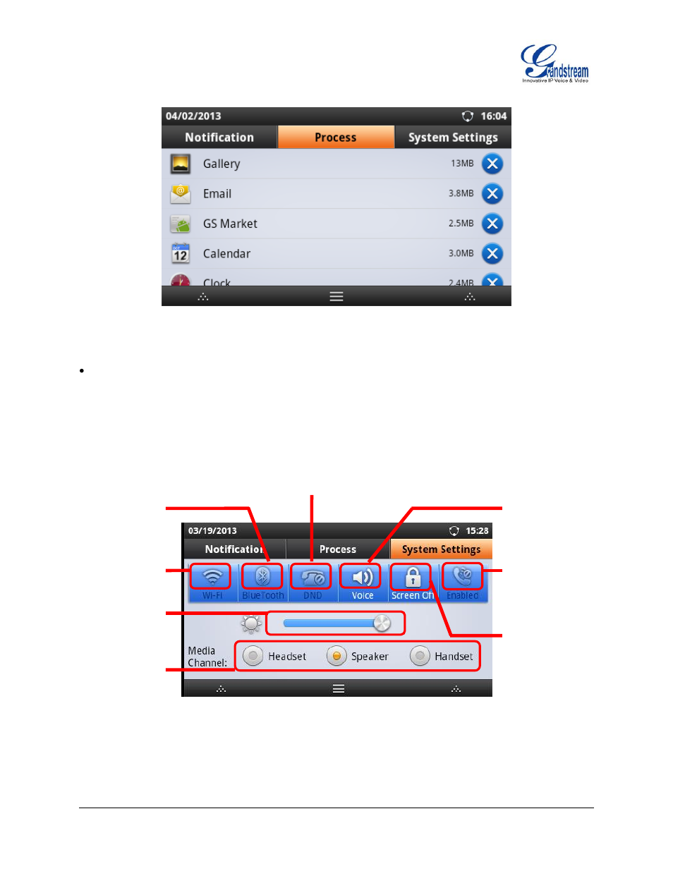 Figure 19 : gxp2200 status bar - process, Figure 20 : gxp2200 status bar - system settings | Grandstream GXP2200 User Manual User Manual | Page 35 / 162