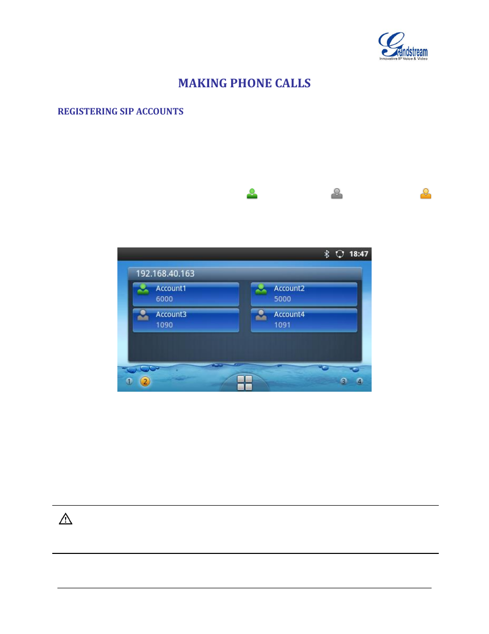 Making phone calls, Registering sip accounts, Figure 21 : gxp2200 account registration status | Grandstream GXP2200 User Manual User Manual | Page 37 / 162