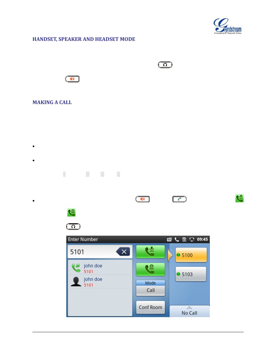 Handset, speaker and headset mode, Making a call | Grandstream GXP2200 User Manual User Manual | Page 38 / 162