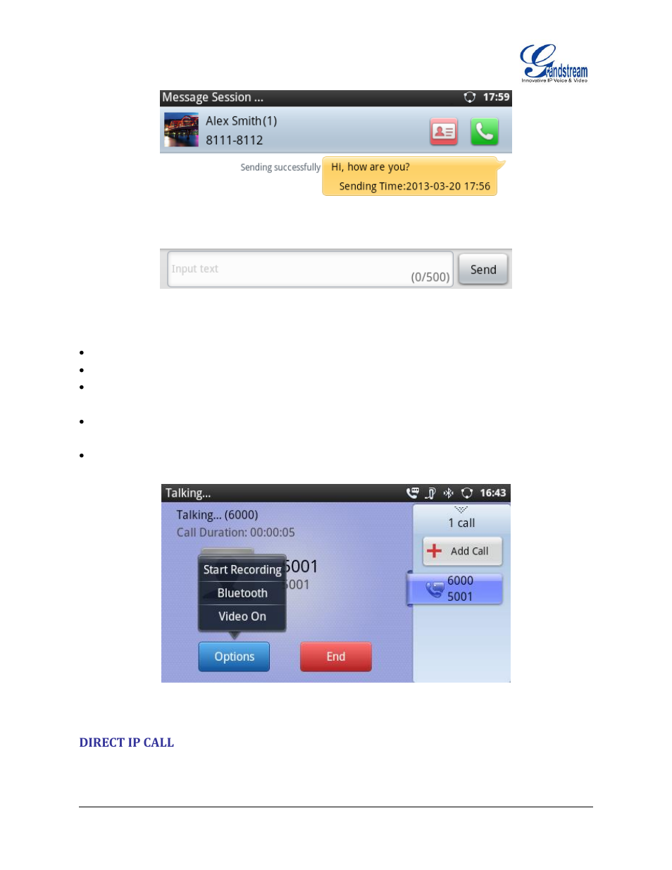 Direct ip call, Figure 25 : gxp2200 messages screen, Figure 26 : making call via bluetooth headset | Grandstream GXP2200 User Manual User Manual | Page 41 / 162